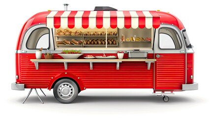 Scarlet Sizzle: Vibrant Red Food Truck Popping Against Clean White Background