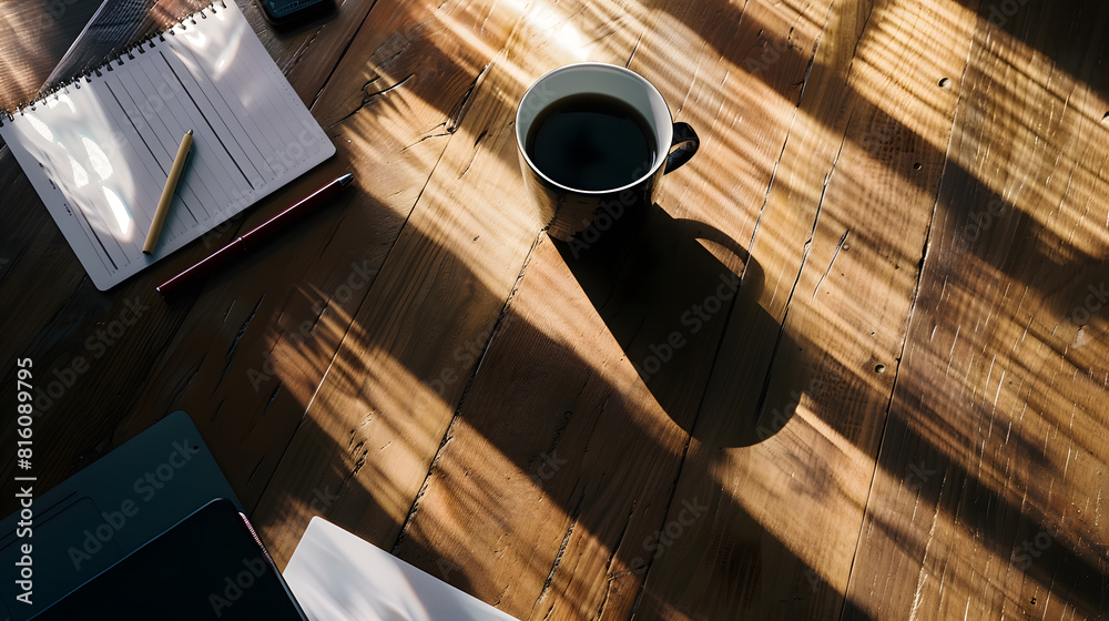 Poster work from home desk office paperwork coffee cup and pen on wood table flat lay top view copy space :