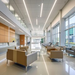 The image shows a modern and spacious hospital waiting room