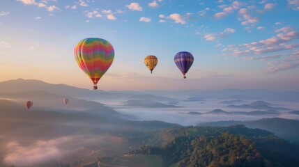Colorful hot air balloons soar gracefully over the picturesque landscape of Doi Inthanon in Chiang Mai, Thailand. The vibrant balloons create a stunning contrast against the backdrop of the majestic