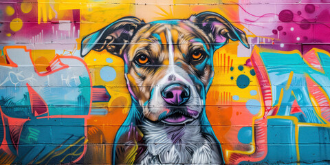Cute dog painted with airbrush on colorful wall on the street, street art