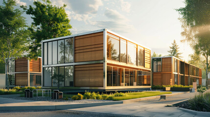 Obraz premium A photorealistic rendering of a modular container office, distinct wooden and cassette facades, warm sunlight. 
