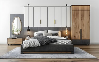 Modern bedroom interior design with bed, cabinet and wardrobe against white wall background