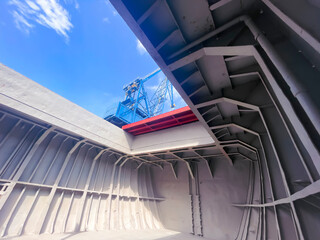 Dry cargo hold view from inside. hold is cleaned and prepared for loading grain