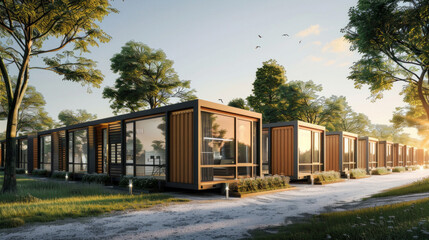 Naklejka premium A photorealistic rendering of a modular container office, distinct wooden and cassette facades, warm sunlight. 