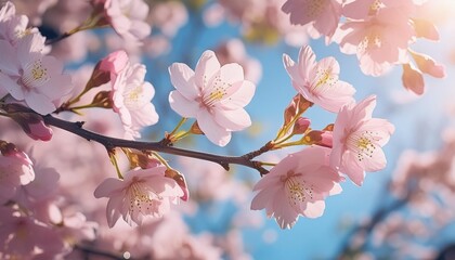 beautiful spring background with pink cherry blossom and blue clear sky