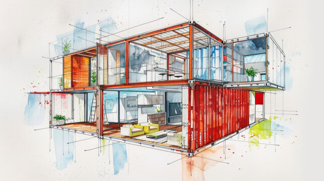 Watercolor and pen architecture sketch diagram of a single shipping container cutaway that has been fit out as a residential apartment
