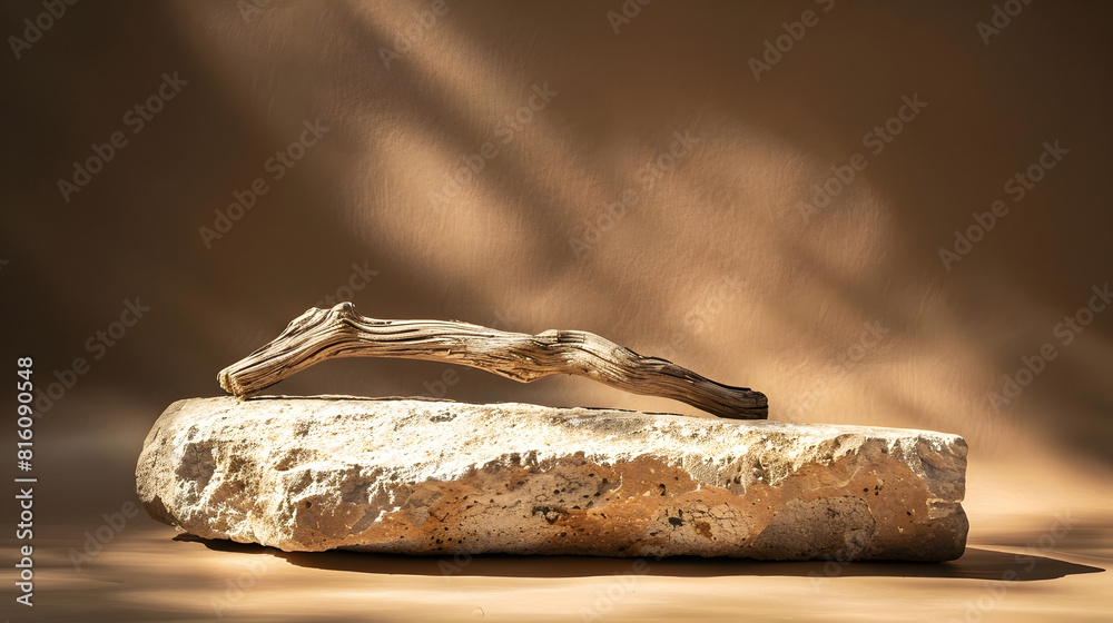 Poster empty stone podium with lights and shadows on brown background minimal backdrop round natural rock a