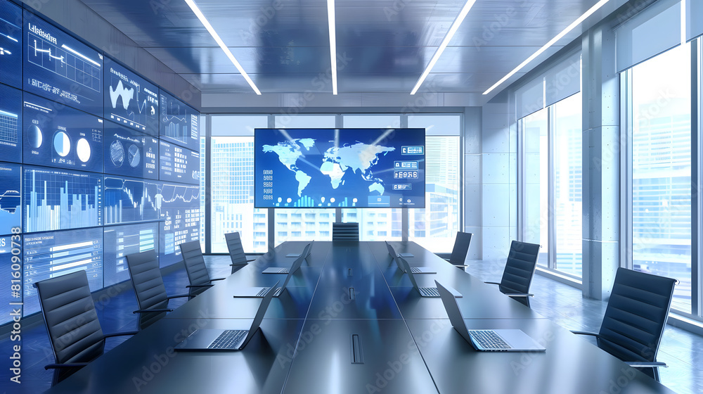 Poster Modern Empty Meeting Room with Big Conference Table with Various Documents and Laptops on it on the Wall Big TV with Big Data Analysis Charts and Infographics Contemporary Designed Wor : Generative AI