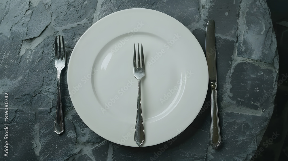 Poster An empty white plate with a fork and a knife overhead flat lay shot on a slate background the concept of dinner : Generative AI