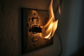 Naklejka premium Close-up of a burning electrical outlet, symbolizing the danger of electrical fires