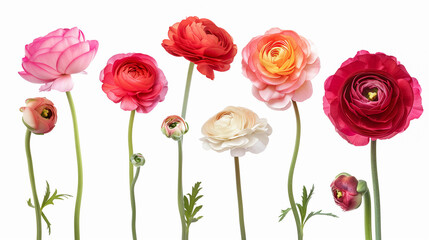 Set of beautiful ranunculus flowers isolated on white