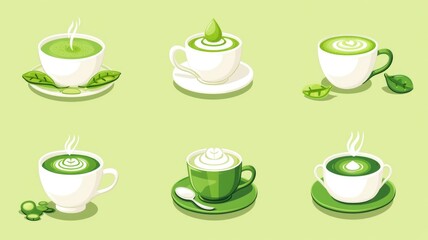 Icons and Symbols of matcha to denote specific advantages, such as energy boost, calorie savings, or immune support