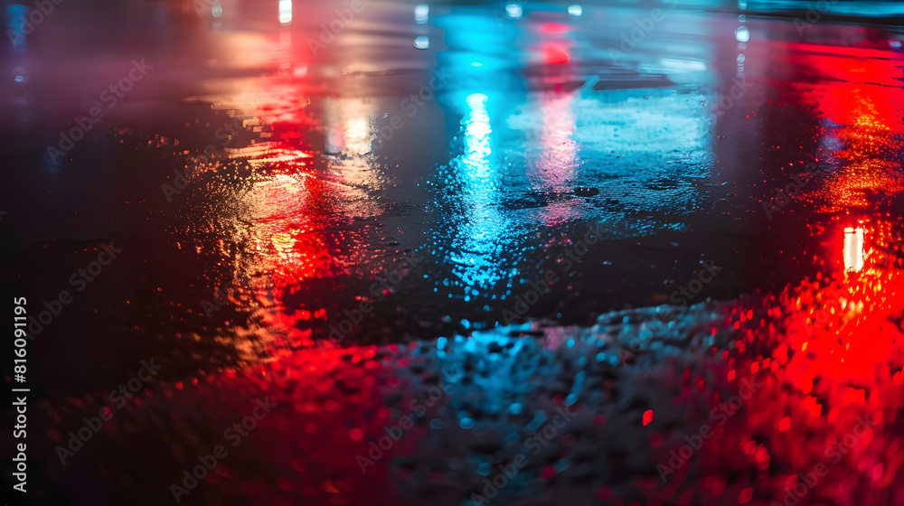 Poster wet asphalt reflection of neon lights a searchlight smoke abstract light in a dark empty street with