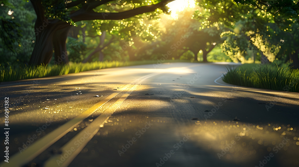 Poster the road with a roadside tree and evening light shines : generative ai