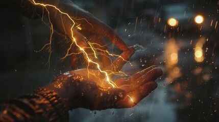 Close-up of a person's hands with a striking display of lightning or electrical energy coursing through them