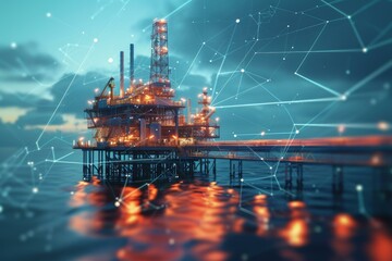 Illuminated oil platform with digital network overlay against twilight sky, symbolizing energy and technology