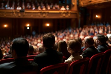 Spectators engrossed in a stage play, captured from the back in a grand theater setting