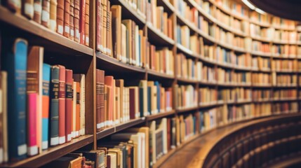 Close up shot Round bookshelf in public library