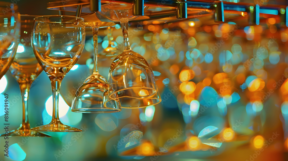 Poster closeup photo of clean washed and polished bar and pub glasses hanging over empty glasses ware on ta