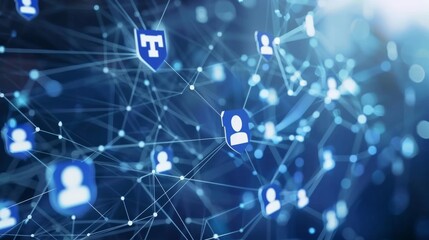 A blue background with a lot of people and icons