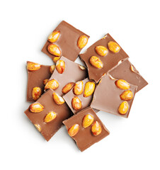 Broken chocolate bar with almonds isolated on white background.