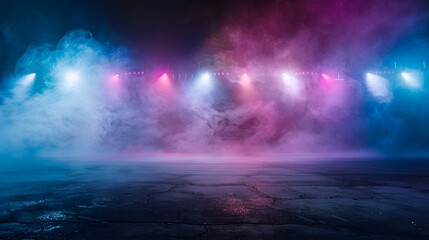 Bright stadium arena lights Smoke bombs neon lights spotlights asphalt abstract dark blue...