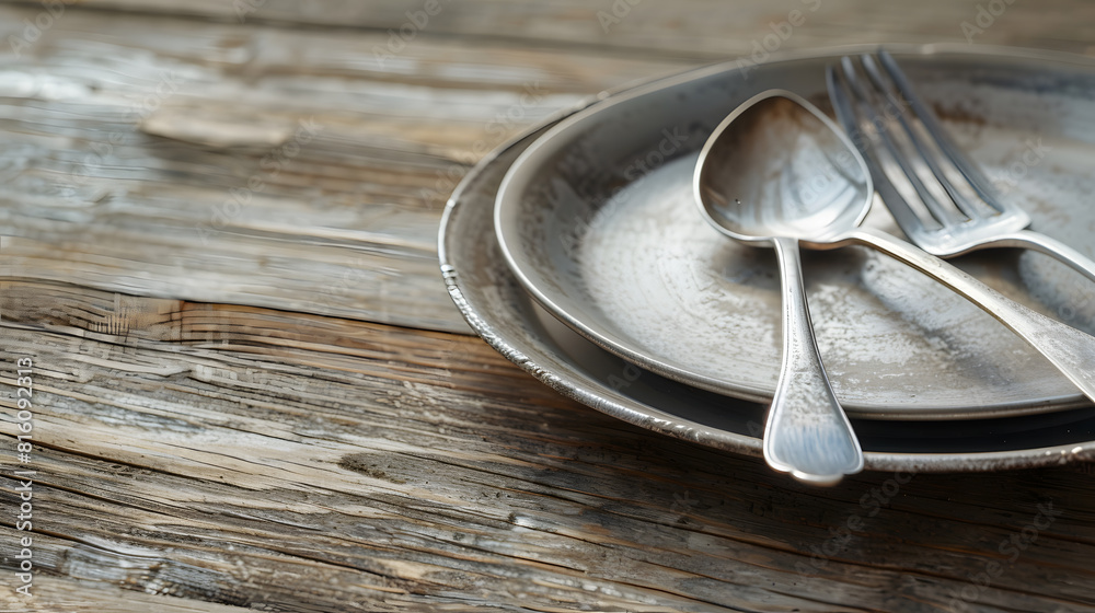 Poster Empty plate with spoon and fork on wooden background : Generative AI