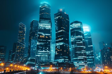 A dazzling night scene of modern skyscrapers glowing under a dark sky