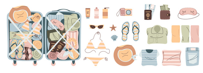 Set of illustrations of things and luggage. Travel and adventure tourism, trips abroad, summer holidays. Hand drawn vector illustration in flat style. Ideal for sticker kit, scrapbooking, posters, tag