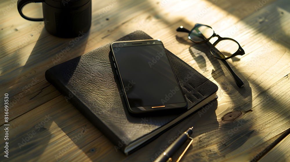 Aufkleber medium camera format glasses smartphone pen and notepad on wood : generative ai