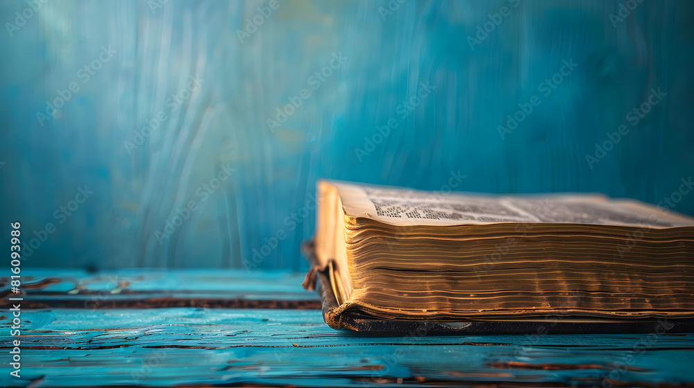 Poster old book on wooden table and blue background : generative ai