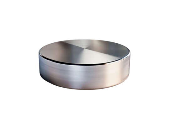 3D rendering of a silver hockey puck on a transparent background. The puck is in focus and there is a slight shadow on the puck.