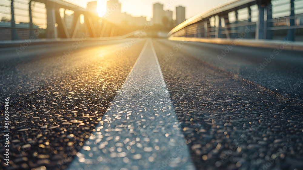 Poster asphalt road and bridge with urban architecture at sunset : generative ai