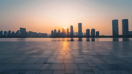Obraz premium Empty floor and city skyline with modern building at sunset in Suzhou China high angle view : Generative AI