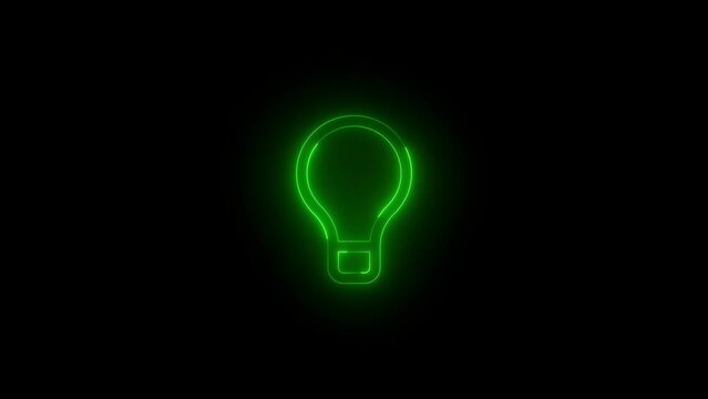 Neon glowing green color tool tip bulb icon on black background animation