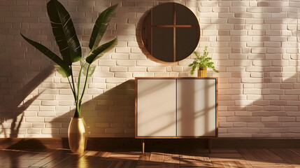 White brick and classic brown pattern on the wall gold vase of plant grey cabinet mirror brown parquet floor : Generative AI