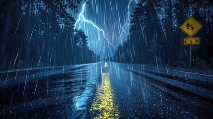 A road with lightning and rain in the sky at night, yellow sign on right side of asphalt road, forest background, blue color theme, photorealistic