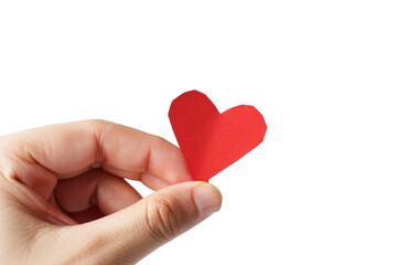 Red paper heart in woman's hand on transparent background.