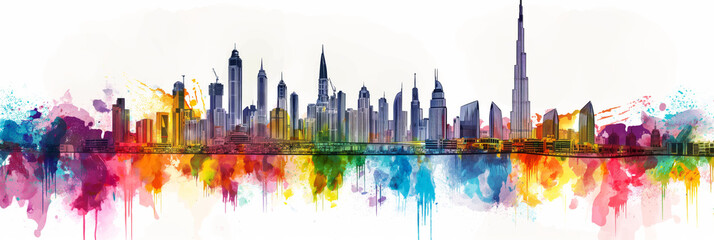 Obraz premium Dubai. Art painting of city skyline in magenta on white background. Generative AI
