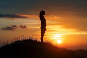 Fototapeta premium Silhouette of a woman standing on a hill at sunset, backlit, low angle view Generative AI