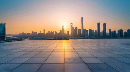 Empty floor and modern city skyline with building at sunset in Suzhou Jiangsu Province China high...