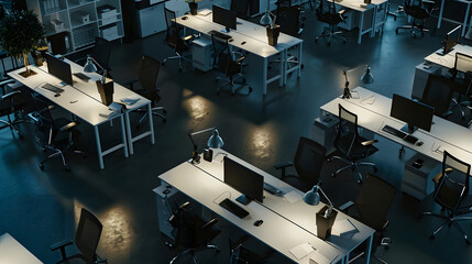 Elevated High Angle Shot of Dark Empty Office with Wheelchairs Desks and Computers Concept of Finishing Working Alone Late at Night : Generative AI