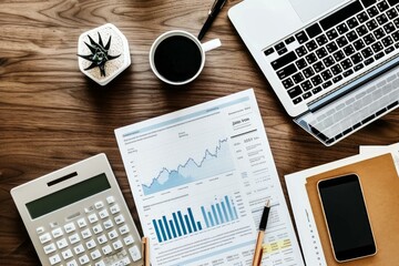 Top view of a professional workstation with financial charts, laptop, and coffee on a wooden surface