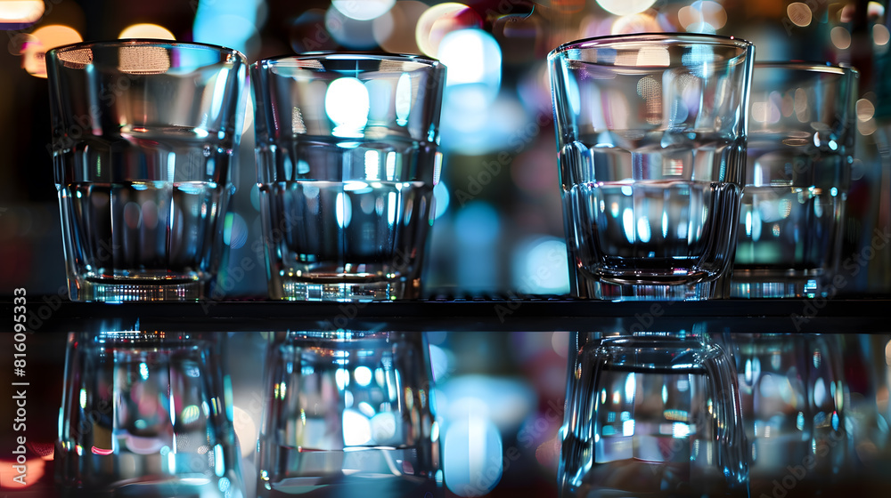 Aufkleber closeup photo of clean washed and polished bar and pub glasses hanging over empty glasses ware on ta