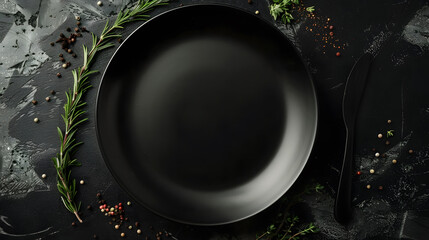 An empty black plate on a dark concrete background with spices herbs and cutlery Home dinner cooking : Generative AI