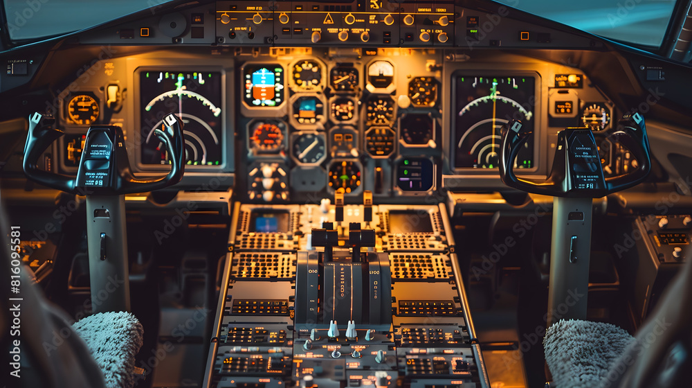 Aufkleber Control panel and control equipment of plane in cockpit Plane cockpit with many function to control plane monitor equipment in plane cockpit and operation by pilot and copilot in plane : Generative AI