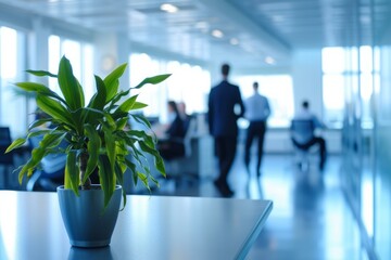 Vibrant green plant in sharp focus with blurred background of people working in a bright office
