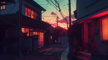 Obraz premium A beautiful evening in a Japanese Tokyo city town with cozy lo-fi Asian architecture and anime comics artstyle.