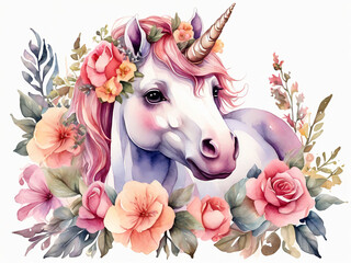 Cute unicorn with flowers isolated on a white background Watercolor illustration
